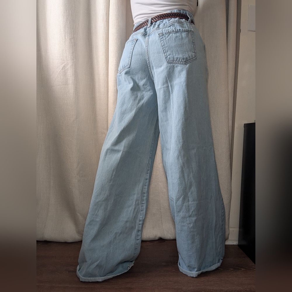 High Waisted Wide Leg Light Blue Distressed Jeans